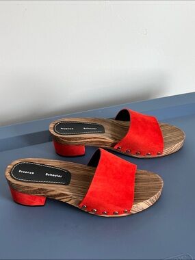 Proenza Schouler bright deep orange suede leather open toe wooden heel sandals